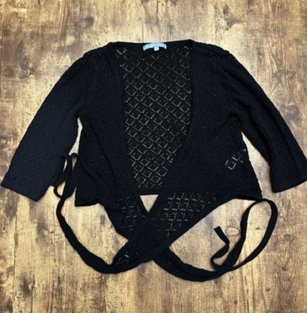 Smart Set Vintage Black Pointelle Tie-Front Cardigan
